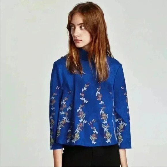 [XS]Zara  Women Faux Suede Floral Embroidered Cropped Blue Tutleneck Blouse - Picture 2 of 12